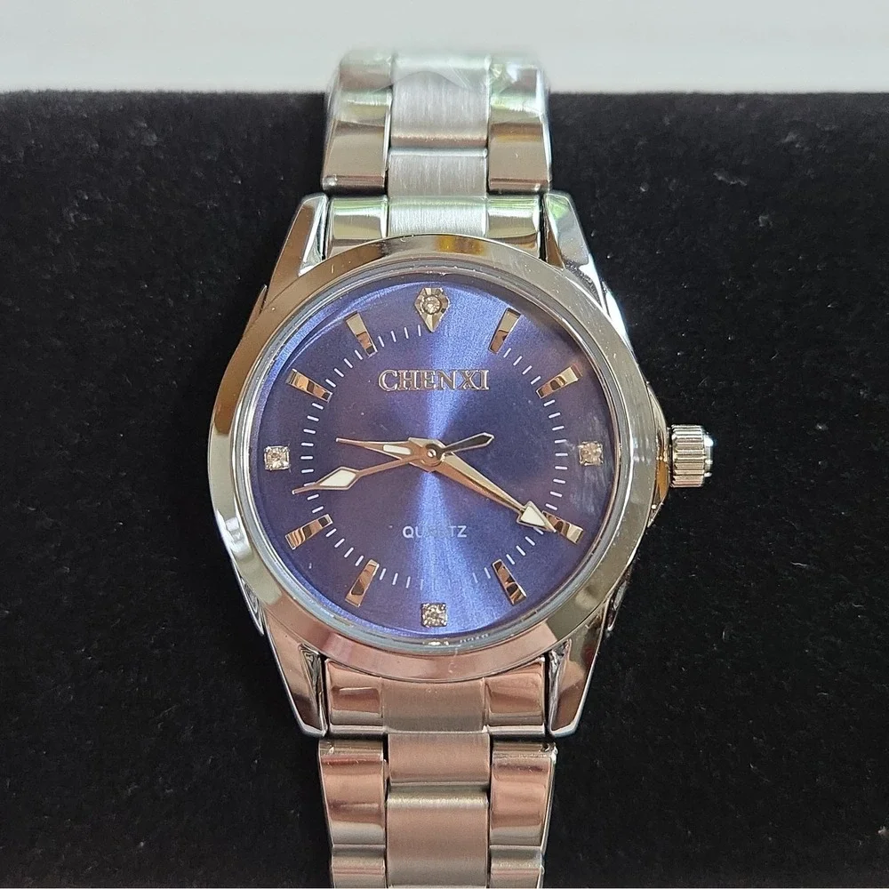Chenxi CX021L Women's Quartz Watch Dark Blue Dial,SS Band,Rhinestone Markers.